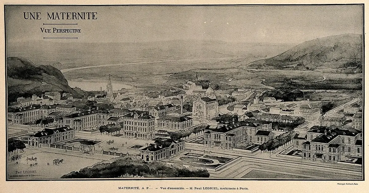 Historical architectural drawing of a maternity hospital complex in Paris.