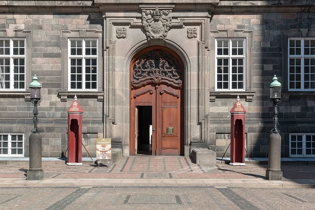The ornate main entrance of Christiansborg Palace in Copenhagen.